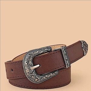 Brown Silver Engraved Buckle Belt